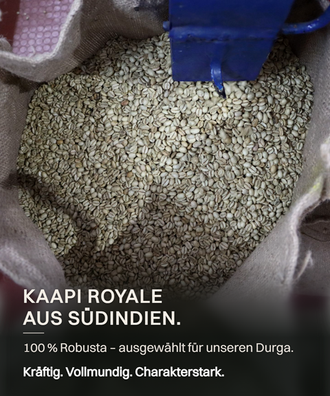 Geöffneter Sack mit Kaapi Royale Rohkaffee aus Südindien