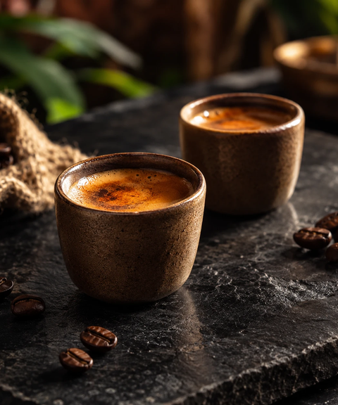 Zwei Espressi mit Crema auf dunklem Stein