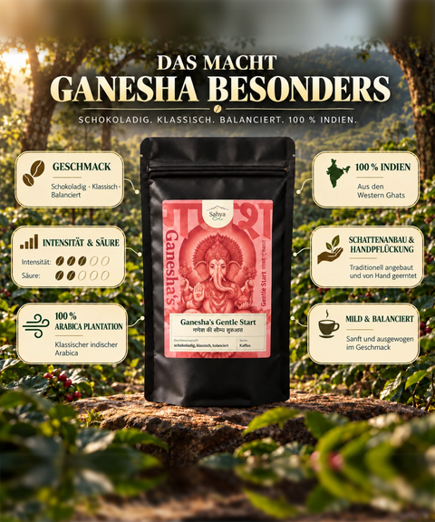 Das macht Ganesha besonders: Geschmack, Intensität & Säure, 100 % Arabica Plantation, 100 % Indien, Schattenanbau & Handpflückung, mild & balanciert