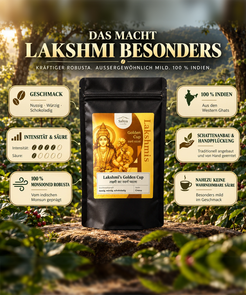 Das macht Lakshmi besonders: Geschmack, Intensität & Säure, 100 % Monsooned Robusta, 100 % Indien, Schattenanbau & Handpflückung, nahezu keine wahrnehmbare Säure