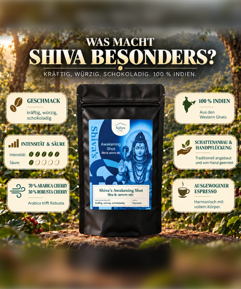 Was macht Shiva besonders: Geschmack, Intensität & Säure, 70 % Arabica und 30 % Robusta, 100 % Indien, Schattenanbau & Handpflückung, ausgewogener Espresso